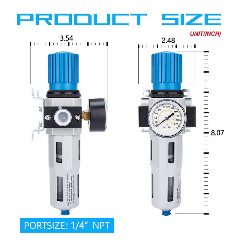 NANPU 1/4" NPT High Pressure Compressed Air Filter Regulator Water/Oil Trap Separator - Gauge(0-230 psi), Poly Bowl,Semi-Auto Drain, Bracket