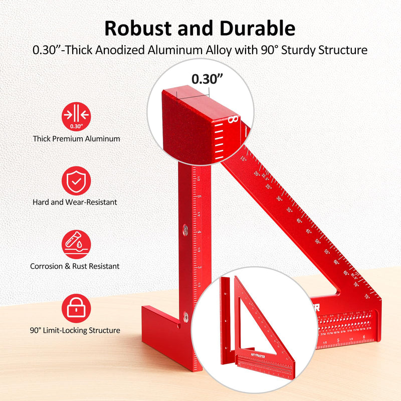 8 inch 3D Multi-Angle Measuring Square Ruler, WT103B High Precision Hole Scribing Woodworking Tools, 0-90° Aluminum Alloy Carpenter Square Wood Working Tools, Carpenter Pencils 6 Refills. 8 inch Square