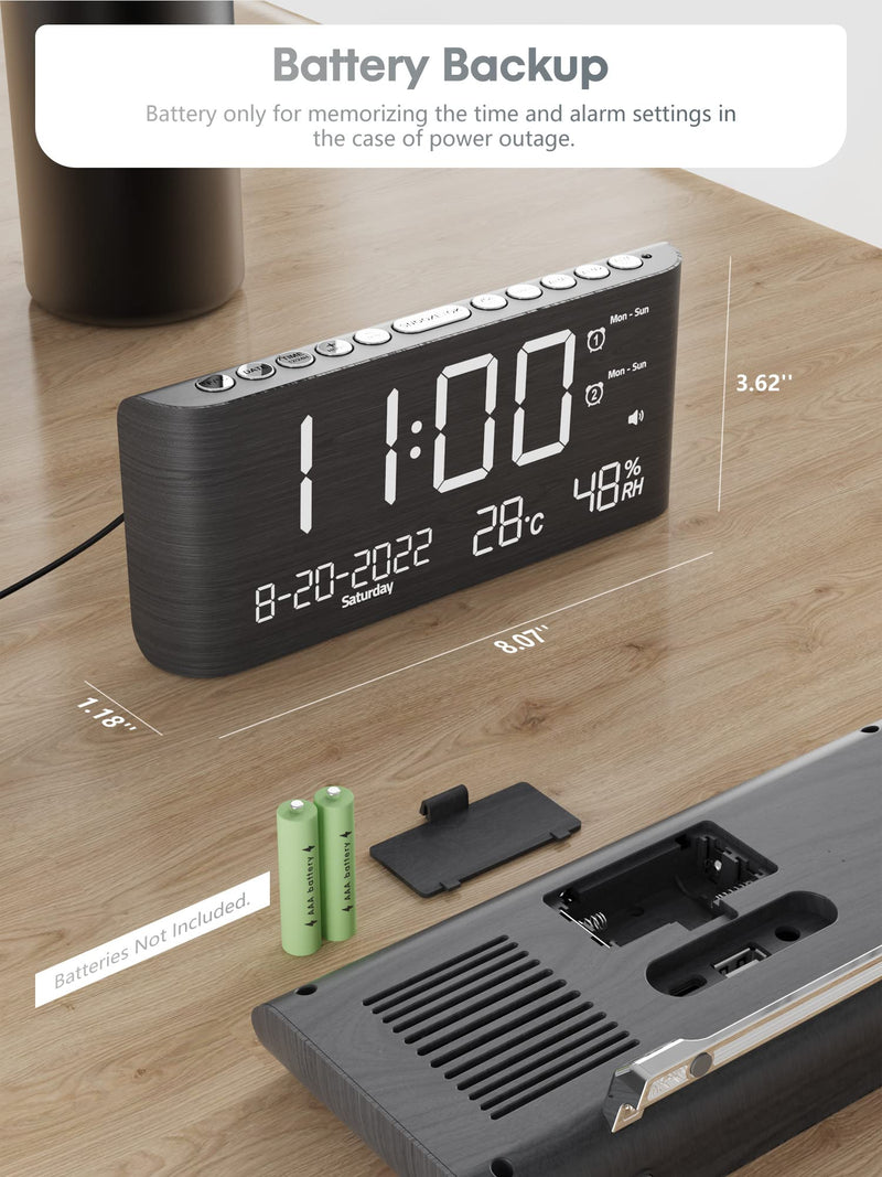 Raynic Alarm Clock, 8.7 Inch Digital Clock, Alarm Clock with USB and Type-C Charger,Dual Alarms,Temperature, Humidity,Date, 5 Adjustable Volume and 5 Dimmer for Bedroom Living Room Office (Grey) Dark Grey