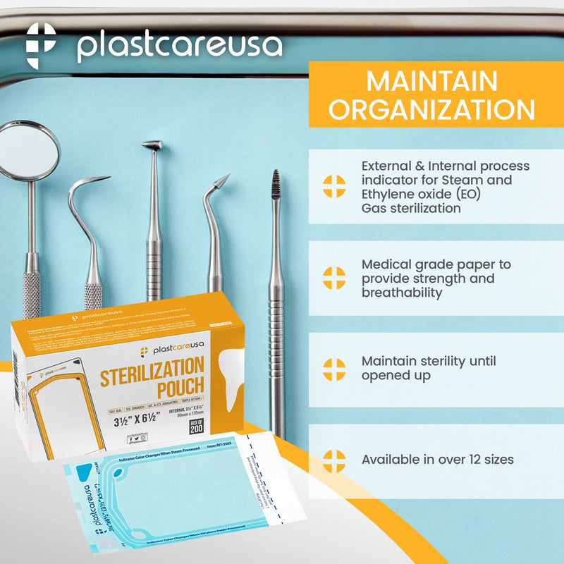 200 3.5 X 5.25 Self Sterilization Pouches for Dental Offices, Autoclave Sterilizer Bags Pouch for Dentist Tools, for Cleaning Tools, 200 Pouches Per Box, 1 Box of Paper Blue Film
