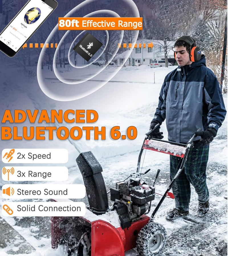 PROHEAR 037 Bluetooth 6.0 Hearing Protection Headphones with Rechargeable 1500mAh Battery, 30dB SNR Safety Noise Reduction Ear Muffs with 120H Playtime for Mowing, Workshops, Snowblowing - Orange 037orange