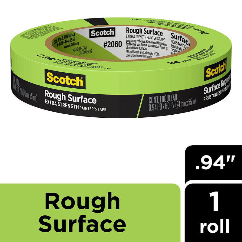 Scotch Rough Surface Extra Strength Painter's Tape, 0.94 in x 60.1 yd, Tape Protects Surfaces and Removes Easily, Rough Surface Painting Tape for Indoor and Outdoor Use, 1 Roll (2060-24AP) 0.94" Width