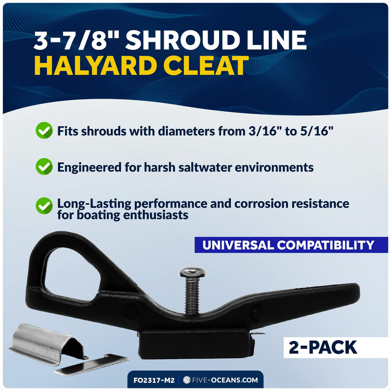 Five Oceans 3-7/8" Shroud Line Flag Halyard Cleat, Fits 3/16"–5/16" Shrouds, Black Nylon with Stainless Steel Mounting Plate 2