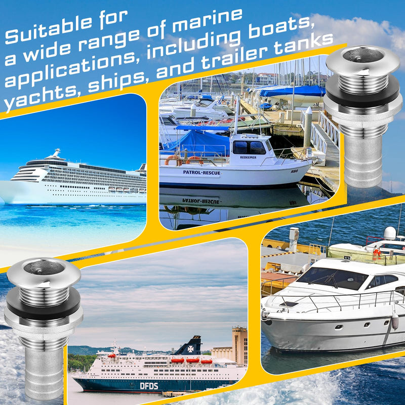 2 Pcs Thru Hull Fittings for Boats 3/4 316 Stainless Steel Thru Hull Connector Marine Combo Grade Barbed Boat Plumbing Fittings with Nut Gasket for Boats Yachts Rvs
