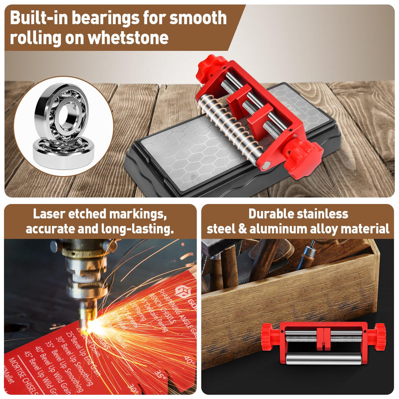 Chisel Sharpening Jig, Wood Honing Guide for Chisels and Planes Width 0.1" to 2.8" with Sharpening Angle Fixture, Angle Gauge from 10° to 45° Red