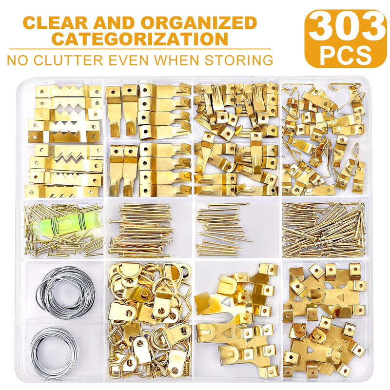 KURUI 303Pcs Picture Hanging Kit, Picture Hangers Assorted Kit With Heavy Duty Wall Hooks, Sawtooth, Picture Wire, D Rings, Hardware Nails, Eye Hooks and Picture Hanging Tool for Frame Canvas Mounting Gold