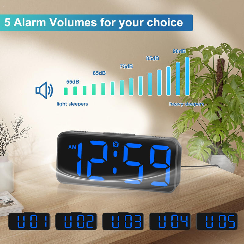 Peakeep Small Digital Alarm Clock Plug in for Bedrooms Bedside, Tiny Electric Clock Large Big Numbers Display with Battery Backup for Desk Table, 6 Dimmers, 5 Adjustable Alarm Volumes (Blue) Blue