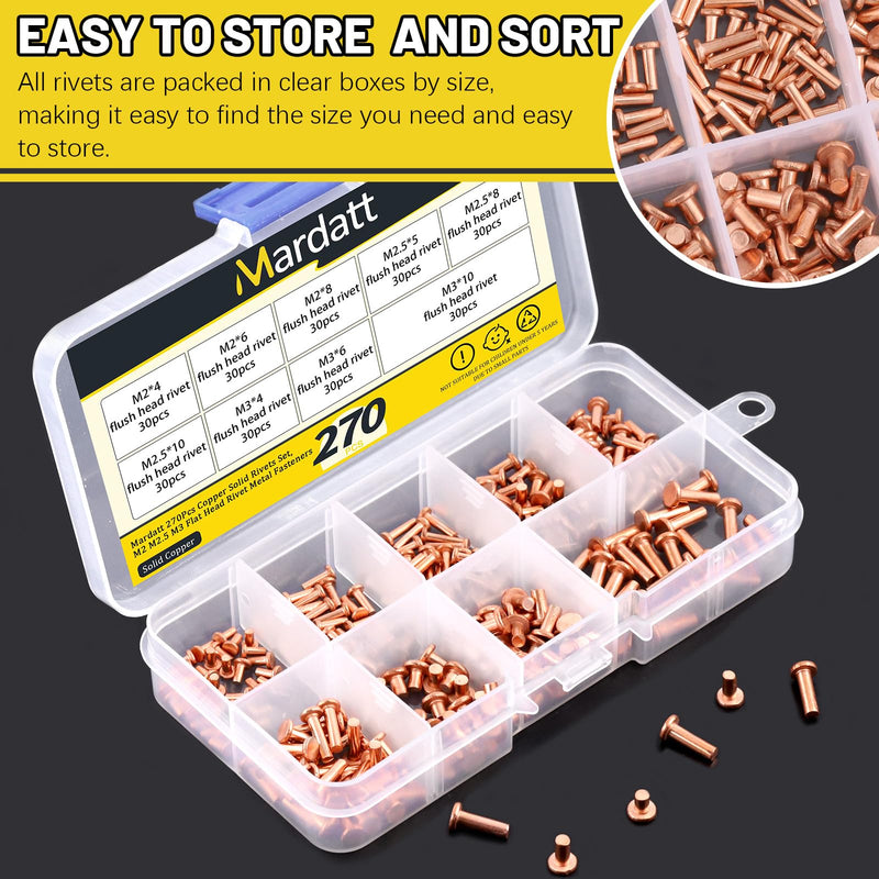 270Pcs Flat Head Copper Solid Rivets Kit, M2 M2.5 M3 Solid Copper Rivets Fasteners, Flat Head Rivets Solid Copper Rivets for Electrical Applications, Leather Working Supplies