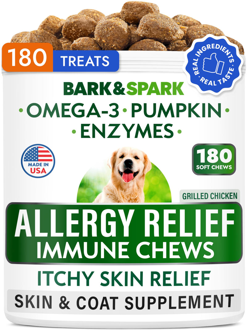BARK&SPARK Dog Allergy Relief Soft Chews for Skin Health & Seasonal Allergies - Anti-Itch Supplement w/Omega-3, Quercetin & Bromelain Immune Treats for Dry Skin & Hot Spots - Grilled Chicken - 180ct 180Ct - ALLER/Itch (Salmon)