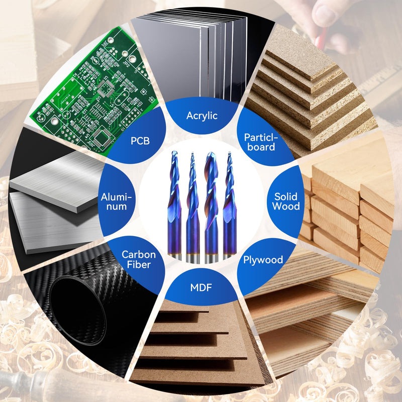 LUNYEE 4PCS Ball Nose Set Spiral Router Bits 1/4" Shank, 1/4" 1/8" 1/16" 1/32" Cutting Diameter, 3" Over Length End Mill Spiral Router Bit with NACO-Blue Coating for 2D&3D Carving Engraving