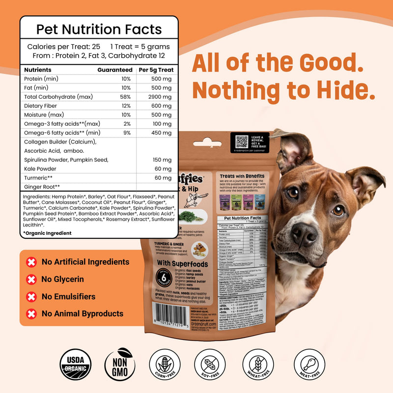 Gruffies Organic Hip & Joint Dog Treats – Natural Joint Supplement for Dogs with Turmeric & Ginger, Healthy Peanut Butter Treats for Mobility, Vet Approved, Non-GMO, Made in Canada, 6 oz (Pack of 1) 6 Ounce (Pack of 1)