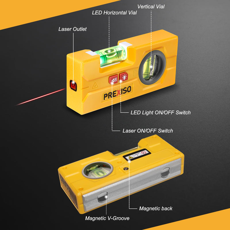PREXISO 2-in-1 Line Laser Level - Mini Torpedo Level with Light, 3-3/4 inch 90°/180° Magnetic Pocket Level & 30Ft Laser Line Leveler Tool for Hanging Picture, Wall Marking Painting, Home Renovation Fixed Vial