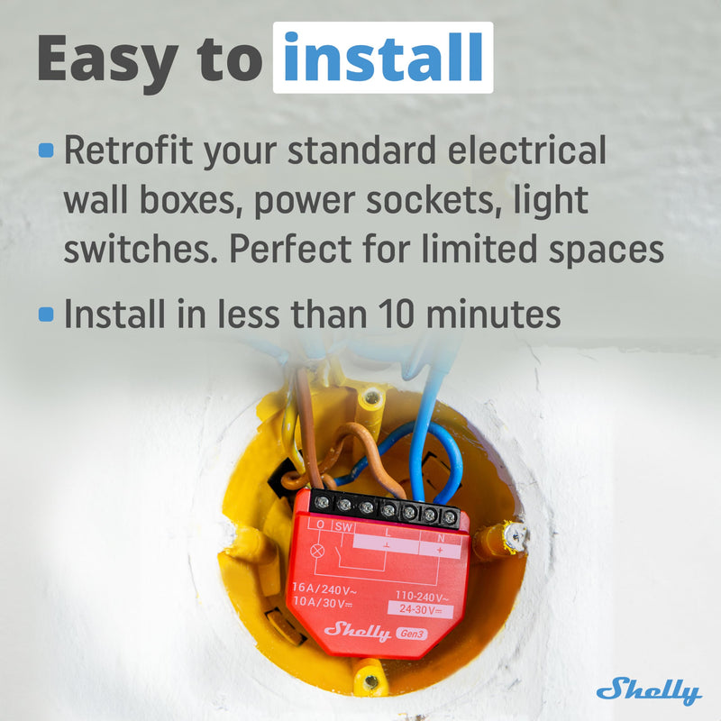 Shelly 1PM Gen3 | WiFi Smart Relay Switch with Power Metering, 1-Channel 16A | Home Automation | Compatible with Alexa & Google Home | iOS Android App | No Hub | Wireless Lighting Control