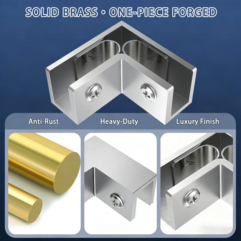 Ranbo Solid Brass 90 Degree Glass to Glass Sleeve-Over Shower Panel Clamp | heavy-duty design, fits 5/16"–1/2" (8–12 mm) thick glass, brushed nickel