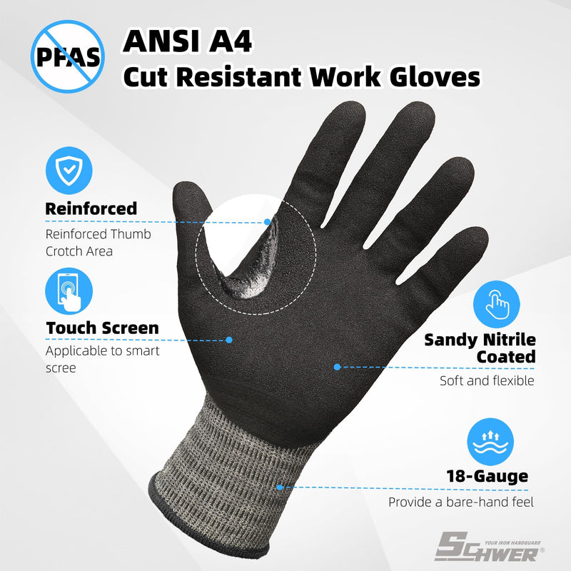 Schwer 6 Pairs ANSI A4 Cut Resistant Work Gloves with Extreme Lightweight & Thin, Sandy Nitrile Touchscreen Safety Working Gloves with Grip, 3D-Comfort Fit, Flexible and Breathable, M, AR5918 Medium Gray