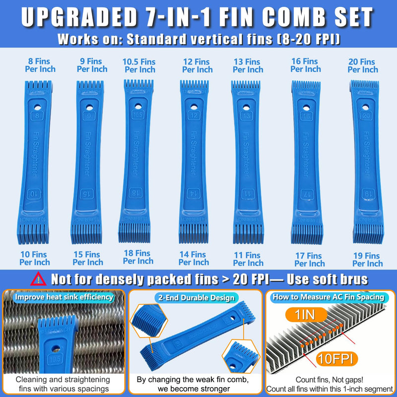 9 Pcs AC Fin Comb Straightener & Coil Cleaner Brush Kit Blue-9pcs