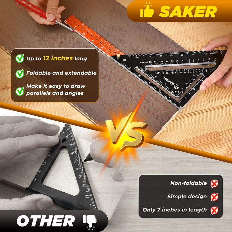 Saker Folding Square 12 inch,T Square Triangle Ruler Measuring Layout Tool,Gift for Men,Multi-Purpose Carpenter Square,Rafter Square Woodworking Tool for Drawing Contour Lines and Angles