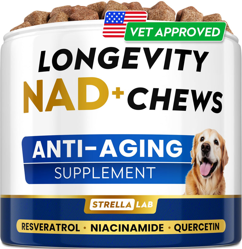 STRELLALAB NMN Supplement | NAD+ Booster for Dogs - Longevity - Quercetin, Resveratrol - Energy Boost for Senior Dogs, Canine Cognitive Supplement for Brain Health - Anti Aging Support Chews - 90Ct Peanut Butter