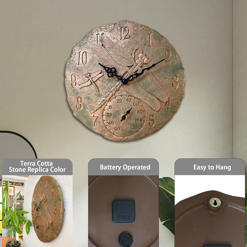Lily's Home Hanging Wall Clock, Includes a Thermometer, Ideal for Indoor and Outdoor Use, Wonderful Housewarming Gift for Friends, Polyresin Dragonflies