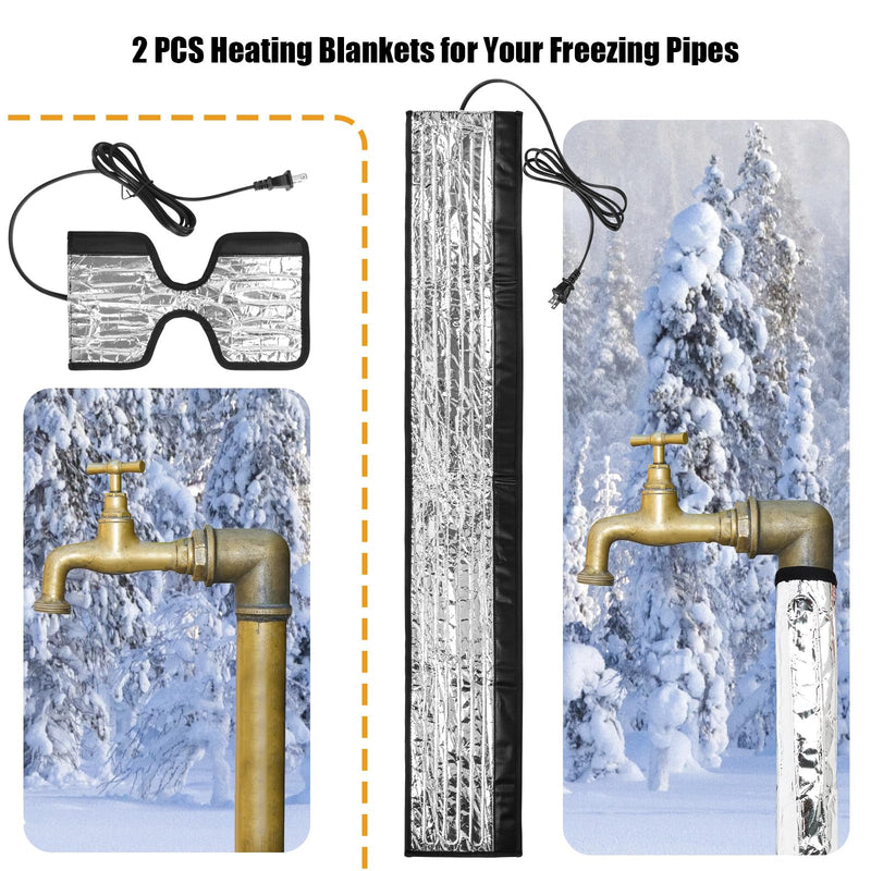 2 Pcs Heat Tape for Water Pipes, 38.5" x 6" Heat Blanket for Straight Water Pipe, 9.75’’ x 5.5’’ Heated Wrap for Turning/Curved Water Pipe, Heating Tape Pad 110V Max Temp 140°F Prevent Water Freezing