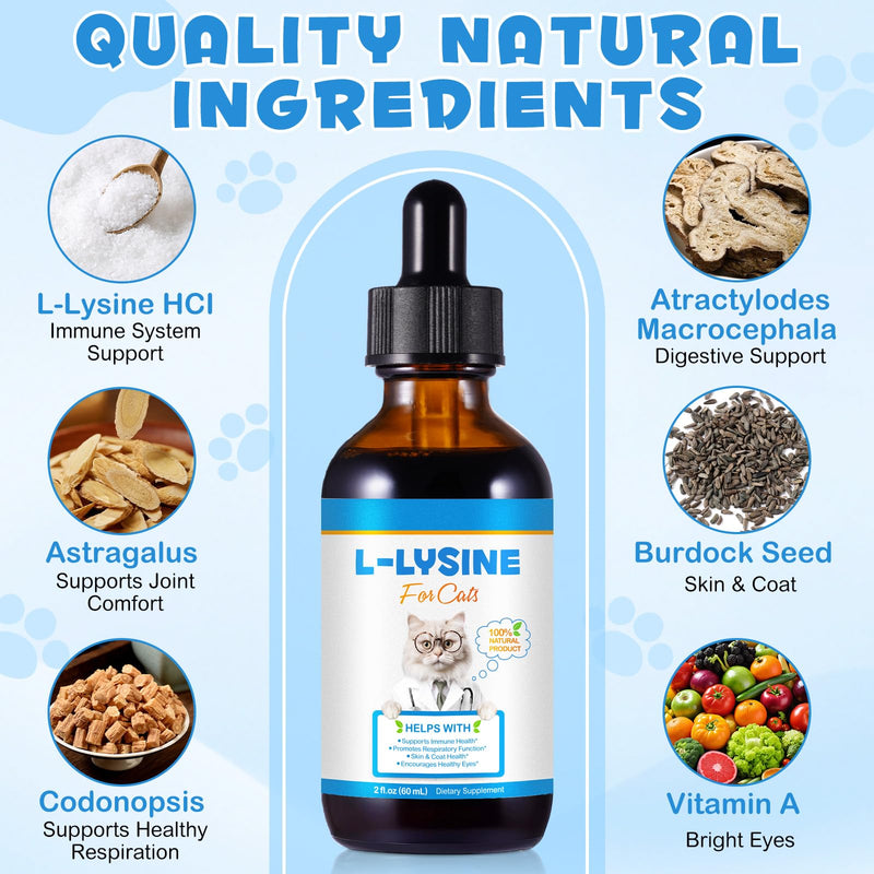 Natural Cat Lysine Drops for Immune Support – L-Lysine Supplement with Astragalus & B Vitamins for Respiratory Health, Tear Stain Relief, Skin & Coat Care – 100% Natural Liquid Drops for Cats(2 fl oz)