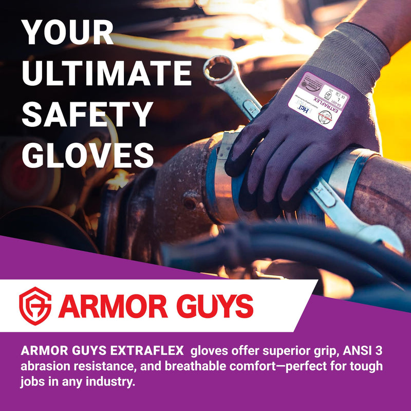 Armor Guys Extraflex Protective Work Gloves - Abrasion Resistant For Women and Men with MicroFoam Nitrile Palm Coating - ANSI 3, L, 12 Pairs 12 Pairs (Large)