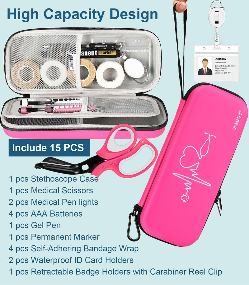 MEUUT 15 pcs Stethoscope Case Kits, Perfect Nurse Gift First Aid Kit with Stethoscope Case, Penlights, Bandage Wraps, Badge Holders, Medical Scissors PU_Raspberry