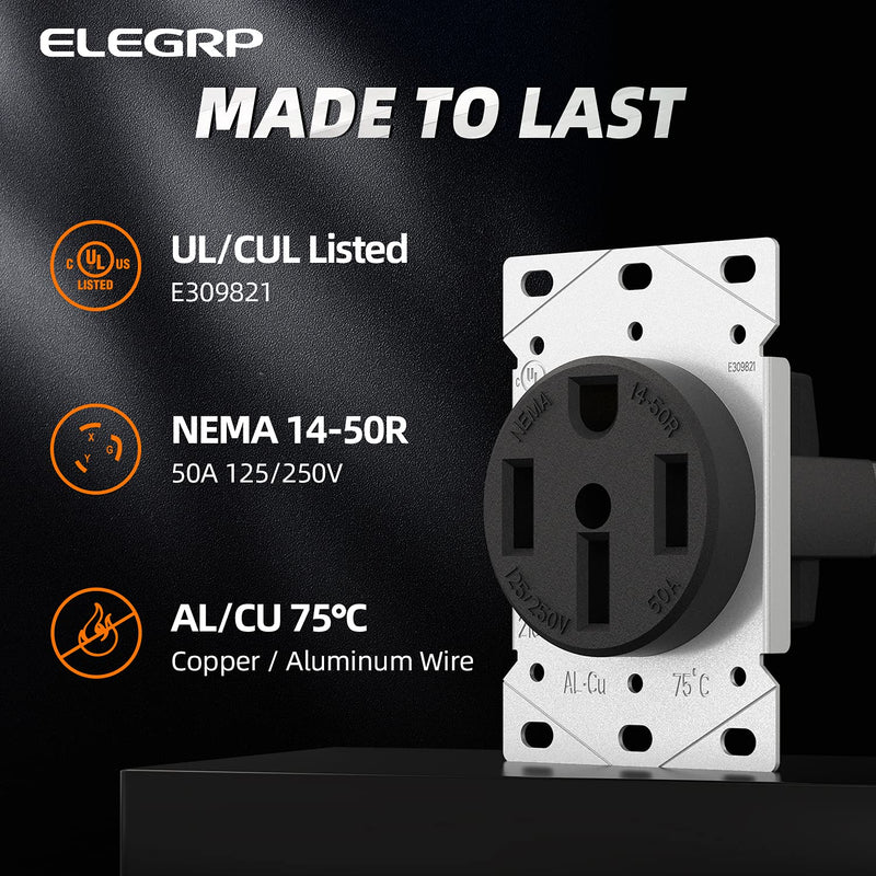 ELEGRP 50 Amps 125/250V Range Oven Stove Receptacle, Flush Mounting Power Outlet, NEMA 14-50R, Straight Blade Heavy Duty Range Receptacle, Grounding, 3 Pole 4 Wire, UL Listed, 1 Pack NEMA 14-50R Outlet