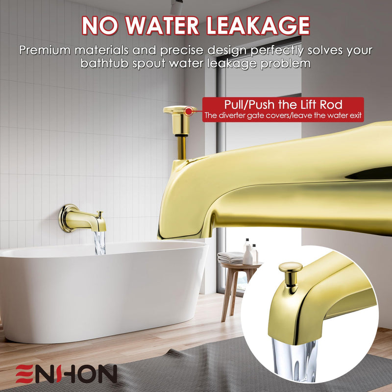Enhon Tub Spout with Diverter, Slip-Fit Bathtub Faucet Spout Replacement, 1/2 Copper Pipe Connection, Easy to Install, Universal for Bathroom Shower(Polished Brass,1 Pack) Polished Brass