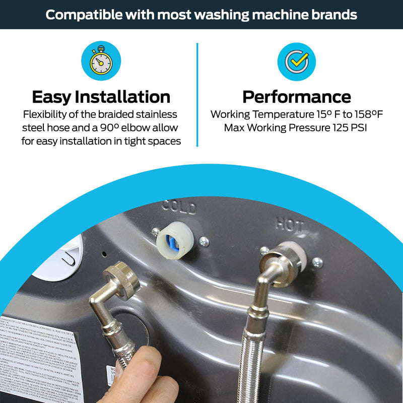 Eastman 6 Feet Washing Machine Hose with 90-Degree Elbow, Pack of 2, 3/4 Inch FHT x 3/4 Inch FHT, Braided Stainless Steel with Nickel-Plated Brass Nuts, 41066 6 ft., 2 Pack