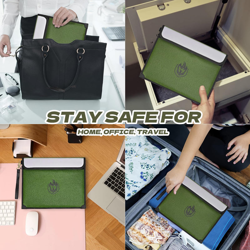 2 Pockets Fireproof Document Bag 6200°F, 10 Layers Waterproof Fireproof Money Bag for Cash with Reflective Strip, Heat Insulated Waterproof Document Holder Pouch, Fire Safe Storage (Green) Green