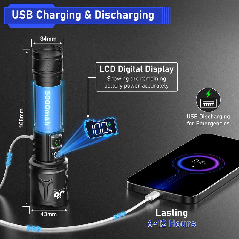 JAY-PARK High Lumen Flashlight - 100000 Lumens, Rechargeable 5000mAh with LCD Display, Zoomable Long Beam (3000m), IP67 Waterproof, 5 Modes & Belt Clip - for Camping, Dog Walking Black
