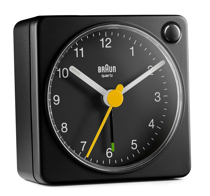 Braun Classic Travel Analogue Alarm Clock with Snooze and Light, Compact Size, Quiet Quartz Movement, Crescendo Beep Alarm in Black, Model BC02XB. 1 Pack