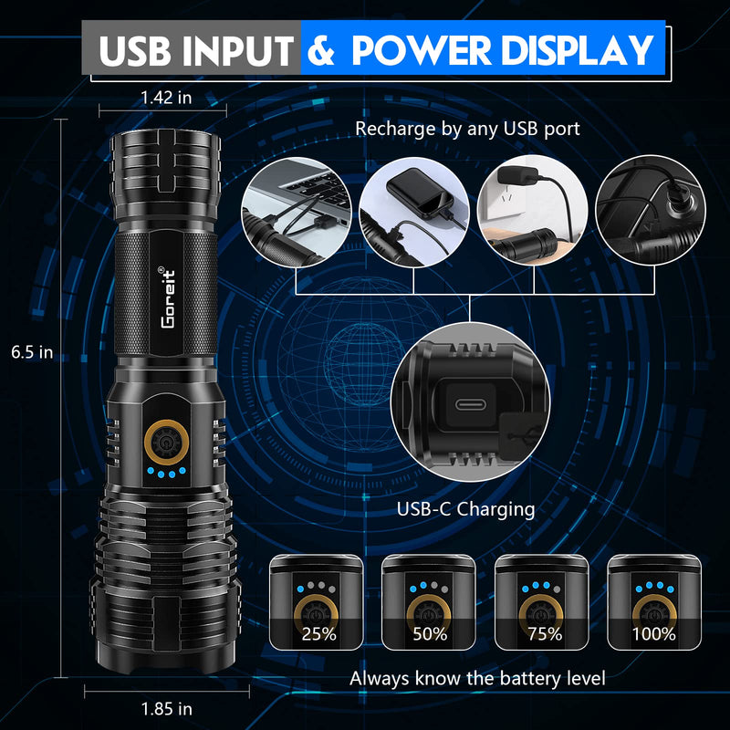 Flashlights LED High Lumens Rechargeable, Goreit 20,000 Lumens XHP70.2 Super Bright Flashlight, Flash Light Battery Powered, Powerful Handheld Flashlight with holster for Emergency Camping Hiking Gift Black
