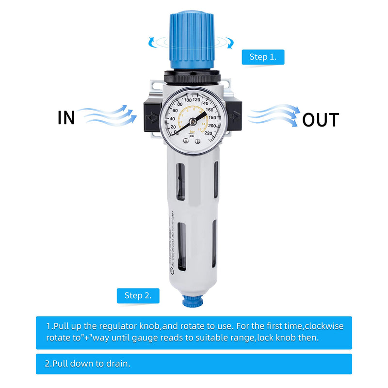 NANPU 1/4" NPT High Pressure Compressed Air Filter Regulator Water/Oil Trap Separator - Gauge(0-230 psi), Poly Bowl,Semi-Auto Drain, Bracket