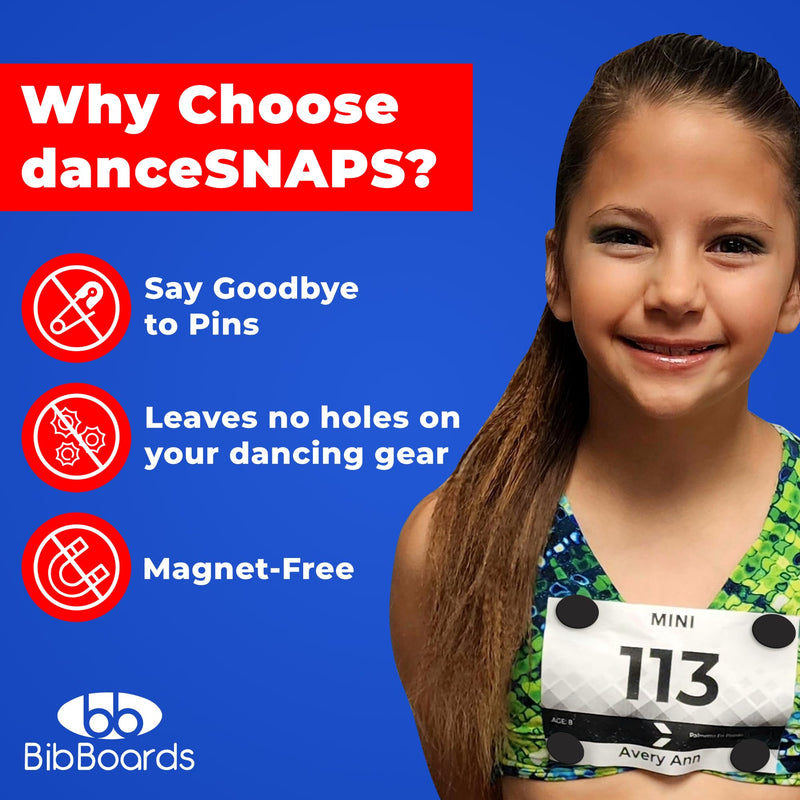 danceSNAPS Bib Clips by BibBoards - Safety Lock Fasteners for Dancers, Competitions, Rodeos - Secure Numbers Without Pins - Reusable, Non-Damaging, Gentle on Fabric - Black (4pcs)