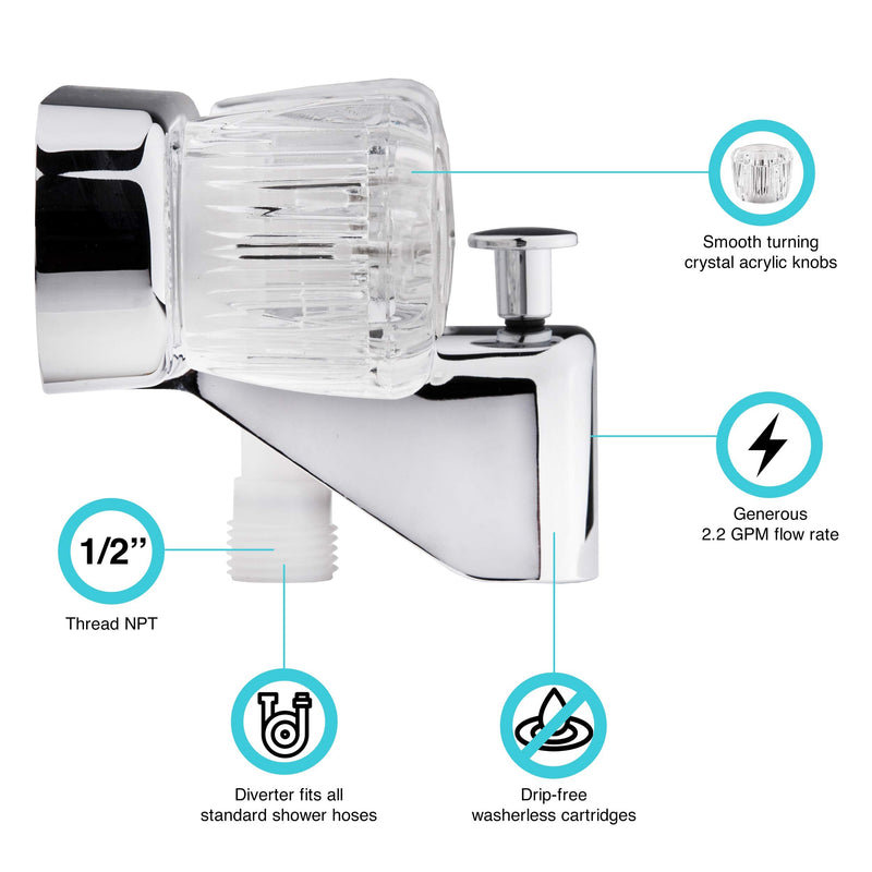 Dura Faucet DF-SA110A-CP RV Tub and Shower Faucet Valve Diverter with Crystal Acrylic Knobs (Chrome) Chrome Polished