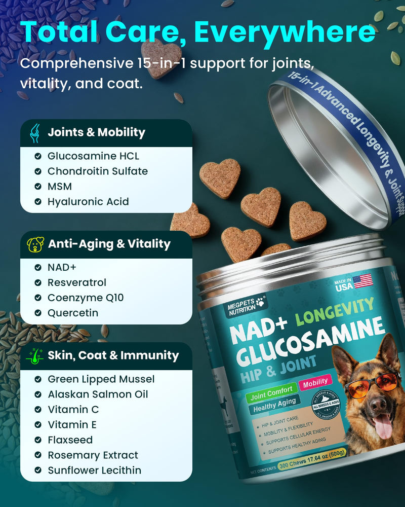 NAD+ Glucosamine for Dogs Hip and Joint Supplement - 300 Soft Chews - Advanced Mobility Support with MSM, Chondroitin, Resveratrol & CoQ10 - Healthy Aging & Vitality Brown