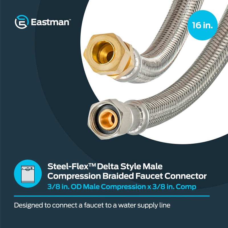 Eastman 16 Inch Steel-Flex Delta Style Flexible Faucet Connector, 3/8 Inch OD Male x 3/8 Inch Compression, Braided Stainless Steel Faucet Supply Line, 48036 16" Length