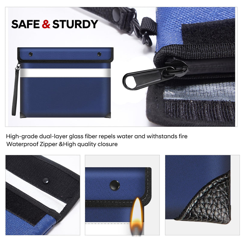 5200°F Heat Insulated Fireproof Document Bag with Zipper,13.9”x10.6” Water Fire Proof Pouch with Reflective Strip,8 Layers of Protective Materials Fireproof Money Bag for Cash,Jewelry(Blue) Blue Large size