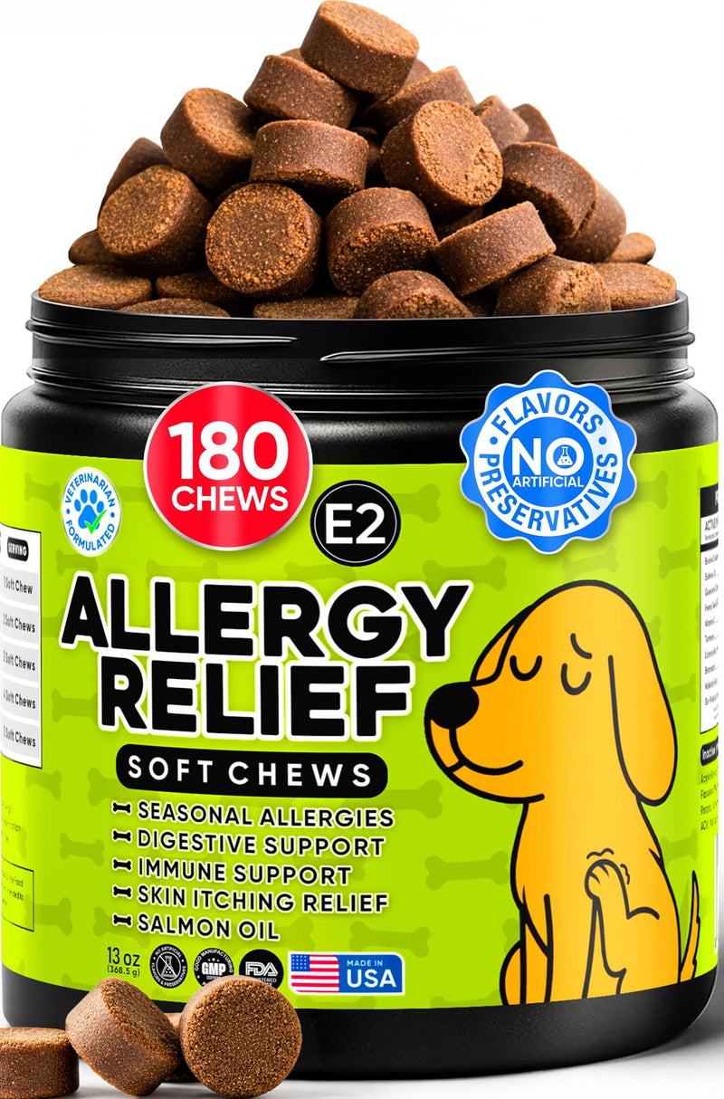 Dog Allergy Relief Chews – Anti Itch for Dogs with Colostrum & Salmon Oil – Reduces Paw Licking & Hot Spots – Omega 3 Fish Oil - Dry Skin & Coat Supplement for a Happy, Healthy Pup - 180 Count