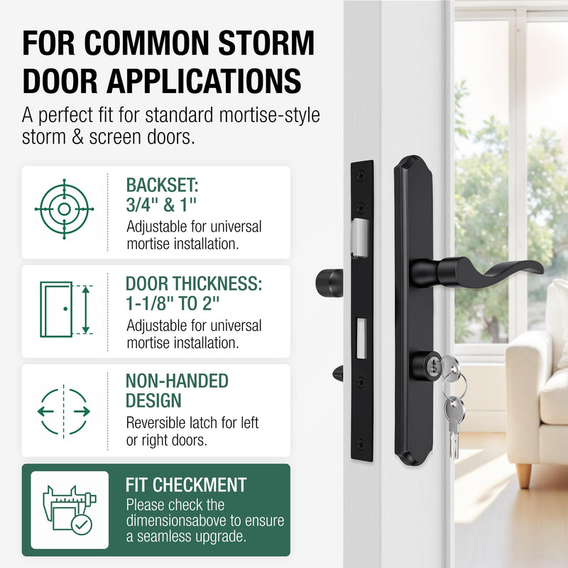 Flat Slot Storm Door Handle Complete Set, Fits for Pella,Larson,Wright Storm&Screen Doors, Perfect Ambidextrous Storm Door Handle Replacement with Key (Matte Black) Matte Black