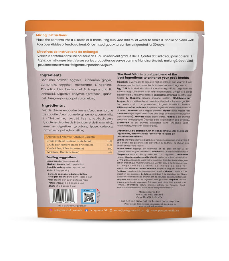 Pets Gone Wild Goat Milk Powder with 70 Billion Probiotics for Digestive & Immune Support | Use as Milk or Food Topper for Dogs & Cats of All Breeds, Sizes & Ages | Made in Canada | 150g (5.29 oz)
