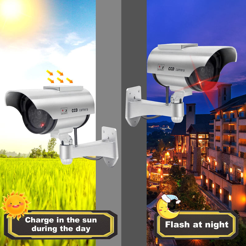 F FINDERS&CO Solar Powered Dummy Security Camera, Bullet Fake Surveillance System with Realistic Red Flashing Lights and Warning Sticker Indoor Outdoor (4, Silver)