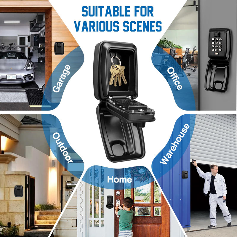 Key Lock Box Wall Mounted Key Storage Box Waterproof 12 Digit Combination Security Lock Box Large Capacity Resettable Code Key Safe with Weatherproof Cover for Home Garage Office School Black