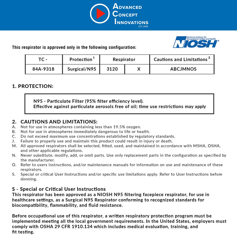 ACI N95 Respirator Box of 50 NIOSH Approved - Made in USA Pack of 50