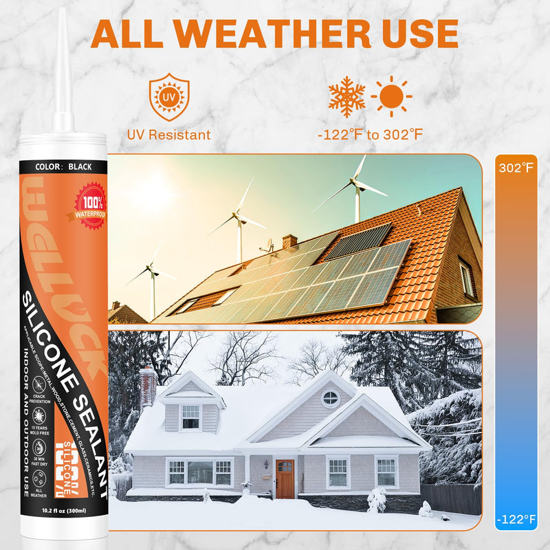 WELLUCK Black Silicone Caulk, 100% Waterproof Silicone Sealant Adhesive Caulking,for RV, Kitchen,Bathroom, Window, Door, Glass,10.2FL.OZ/300ML（1 Pack） 1