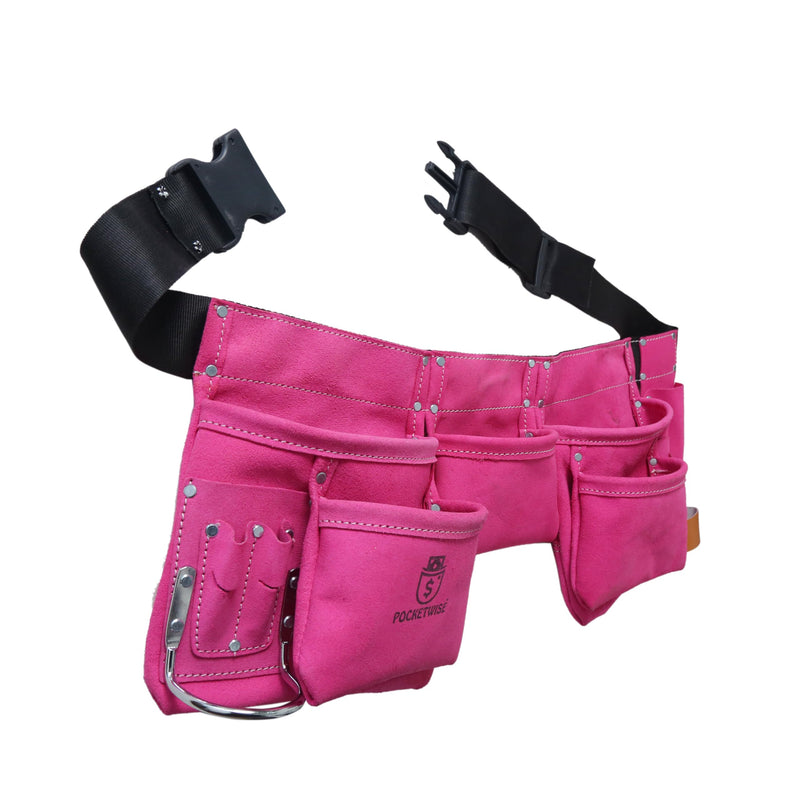 POCKETWISE Women's Tool Belt, 11 Pockets, Pink Leather, Adjustable Work Apron