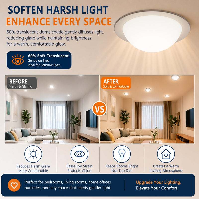 4 Pack Recessed Light Cover, 6 Inch Can Light Covers 60% Translucent Fully Shade Hemisphere Stick-On with Super Strong Double-Sided Tape, Anti-Yellow Cream White, Easy Install 4