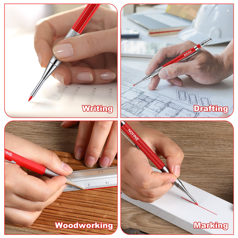 Enhon 2mm Mechanical Carpenter Pencil Set with 12 Marker Refills and Sharpener, Woodworking Marking Tool Solid Deep Hole Construction Pencil, Extended Needle-Nose Tip for Use in Jobs (Black, Red) Black, Red